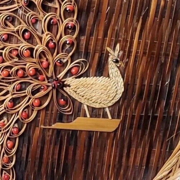 SET OF TWO Vintage 1970s Wicker Peacock Wall Hanging Boho Rattan Woven Art - Picture 6 of 13